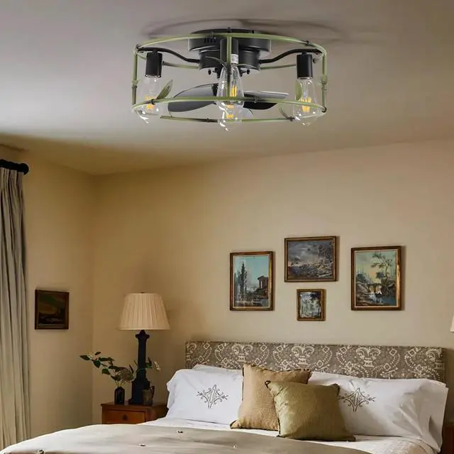 Alt view image 2 of 7 - 19" Green industrial Ceiling Fan with Light - Flush Mount Caged Ceiling Fan with Remote, 3-Light Rustic Ceiling Fan, Silent 6-Speed Reversible Dc Motor for Bedroom, Living Room (Bulb Not included)