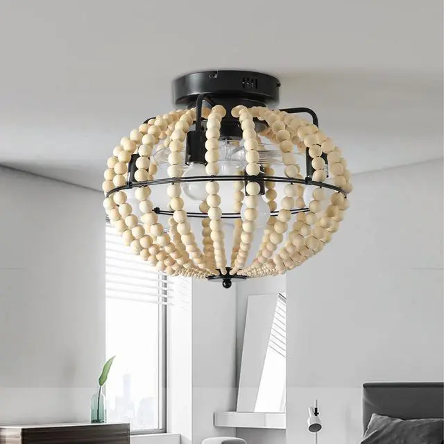 Alt view image 2 of 7 - 18" Bohemian Wood Beaded Ceiling Fan with Light, Flush Mount Caged Ceiling Fan, Rustic Farmhouse Low Profile Fan Light Fixture for indoor Home Decor (Silent/6-Speed/Reversible/Dc Motor) (No Bulbs)