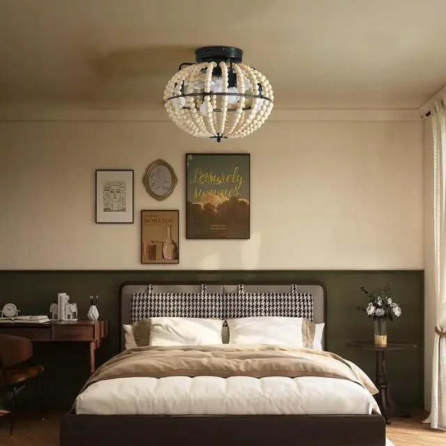Alt view image 3 of 7 - 18" Bohemian Wood Beaded Ceiling Fan with Light, Flush Mount Caged Ceiling Fan, Rustic Farmhouse Low Profile Fan Light Fixture for indoor Home Decor (Silent/6-Speed/Reversible/Dc Motor) (No Bulbs)