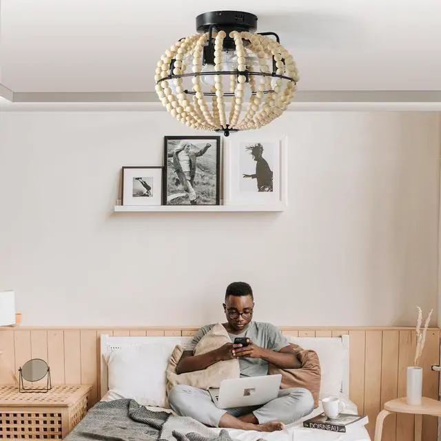 Alt view image 4 of 7 - 18" Bohemian Wood Beaded Ceiling Fan with Light, Flush Mount Caged Ceiling Fan, Rustic Farmhouse Low Profile Fan Light Fixture for indoor Home Decor (Silent/6-Speed/Reversible/Dc Motor) (No Bulbs)