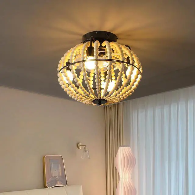 Main image of 18" Bohemian Wood Beaded Ceiling Fan with Light, Flush Mount Caged Ceiling Fan, Rustic Farmhouse Low Profile Fan Light Fixture for indoor Home Decor (Silent/6-Speed/Reversible/Dc Motor) (No Bulbs)