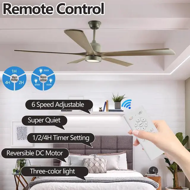 Alt view image 2 of 7 - 60" Modern Wood Ceiling Fan with Light and Remote Control,6-Speed Noiseless Reversible Dc Motor, Ceiling Fan for Kitchen Dinning Living Room