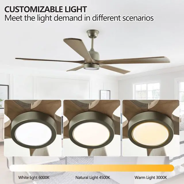 Alt view image 3 of 7 - 60" Modern Wood Ceiling Fan with Light and Remote Control,6-Speed Noiseless Reversible Dc Motor, Ceiling Fan for Kitchen Dinning Living Room