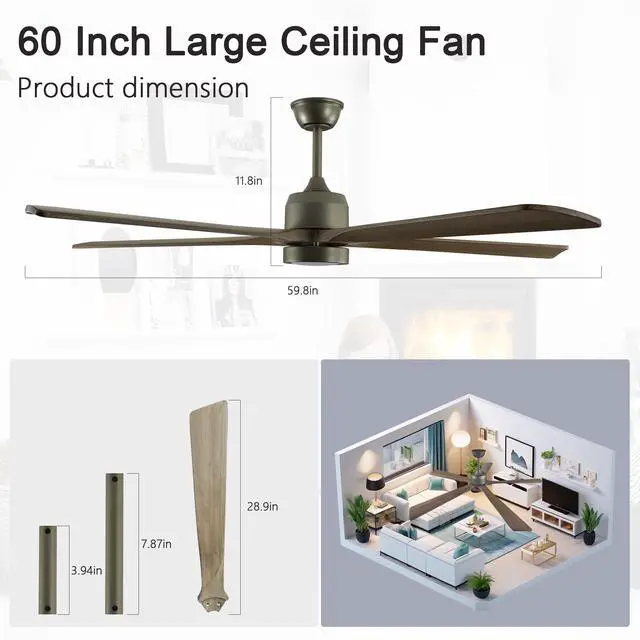 Alt view image 7 of 7 - 60" Modern Wood Ceiling Fan with Light and Remote Control,6-Speed Noiseless Reversible Dc Motor, Ceiling Fan for Kitchen Dinning Living Room