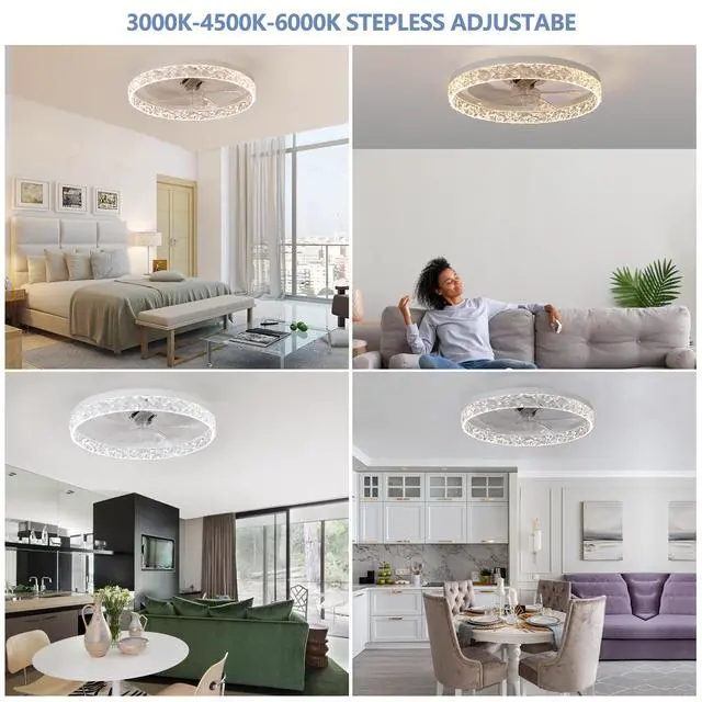 Alt view image 3 of 7 - Modern Acrylic Ceiling Fan Light with Remote Control, Dimmable Led Chandelier, 6-Speed Adjustable, Quiet Motor, Flush Mount Design for Living Room, Bedroom, Dining Room
