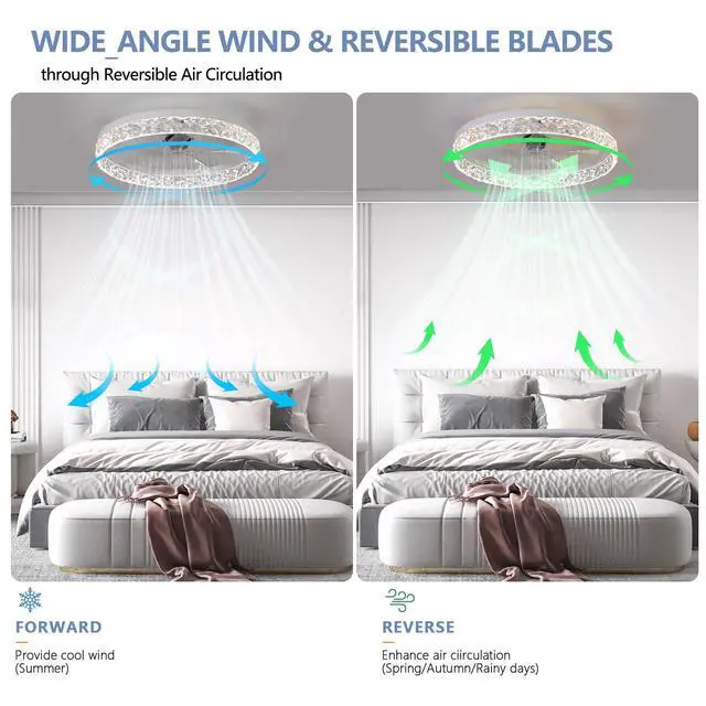 Alt view image 5 of 7 - Modern Acrylic Ceiling Fan Light with Remote Control, Dimmable Led Chandelier, 6-Speed Adjustable, Quiet Motor, Flush Mount Design for Living Room, Bedroom, Dining Room