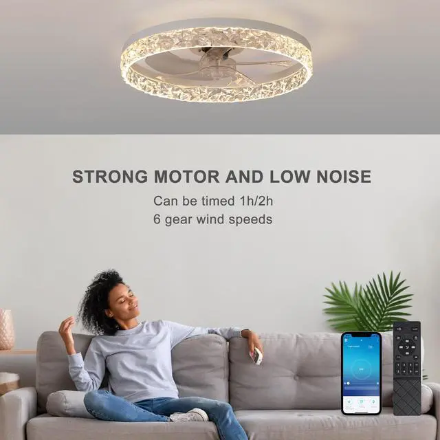 Alt view image 4 of 7 - Modern Acrylic Ceiling Fan Light with Remote Control, Dimmable Led Chandelier, 6-Speed Adjustable, Quiet Motor, Flush Mount Design for Living Room, Bedroom, Dining Room
