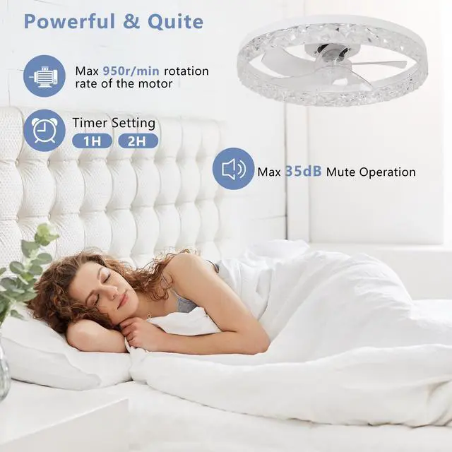 Alt view image 6 of 7 - Modern Acrylic Ceiling Fan Light with Remote Control, Dimmable Led Chandelier, 6-Speed Adjustable, Quiet Motor, Flush Mount Design for Living Room, Bedroom, Dining Room