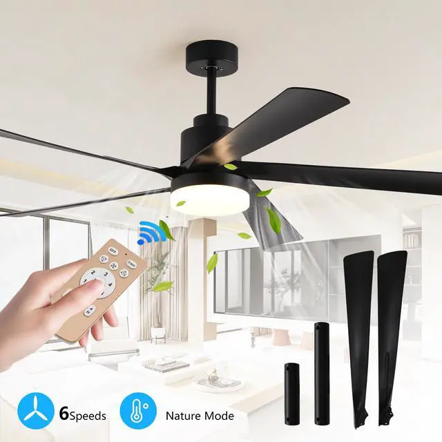 Alt view image 2 of 7 - 65 inch Black Ceiling Fan with Light, 5-Blade Dimmable Led Ceiling Fan with Remote Control, Modern Quiet Design for Living Room and Bedroom (Silent/6-Speed/Reversible/Dc Motor)