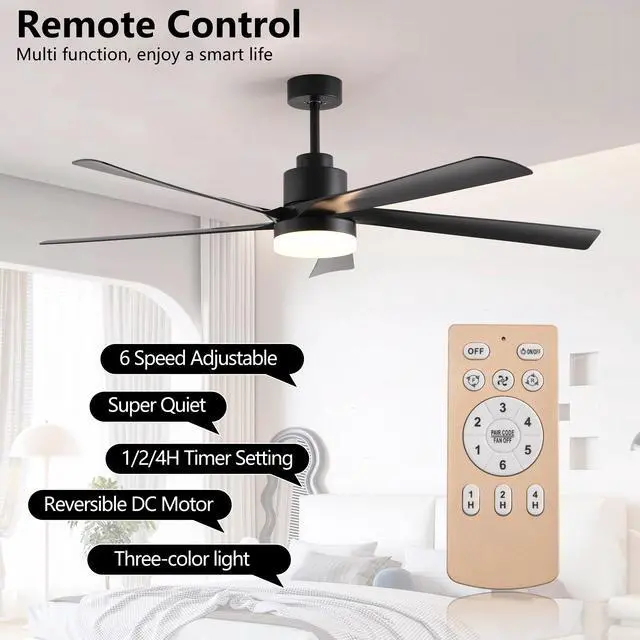 Alt view image 3 of 7 - 65 inch Black Ceiling Fan with Light, 5-Blade Dimmable Led Ceiling Fan with Remote Control, Modern Quiet Design for Living Room and Bedroom (Silent/6-Speed/Reversible/Dc Motor)