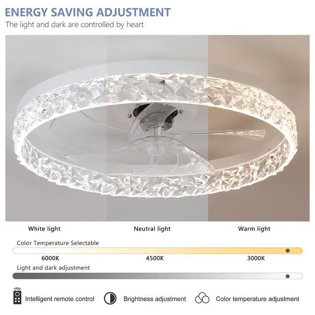 Alt view image 7 of 7 - Modern Acrylic Ceiling Fan Light with Remote Control, Dimmable Led Chandelier, 6-Speed Adjustable, Quiet Motor, Flush Mount Design for Living Room, Bedroom, Dining Room
