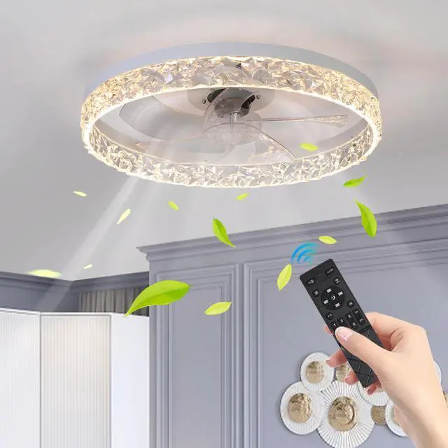 Main image of Modern Acrylic Ceiling Fan Light with Remote Control, Dimmable Led Chandelier, 6-Speed Adjustable, Quiet Motor, Flush Mount Design for Living Room, Bedroom, Dining Room