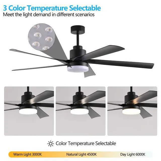 Alt view image 6 of 7 - 65 inch Black Ceiling Fan with Light, 5-Blade Dimmable Led Ceiling Fan with Remote Control, Modern Quiet Design for Living Room and Bedroom (Silent/6-Speed/Reversible/Dc Motor)
