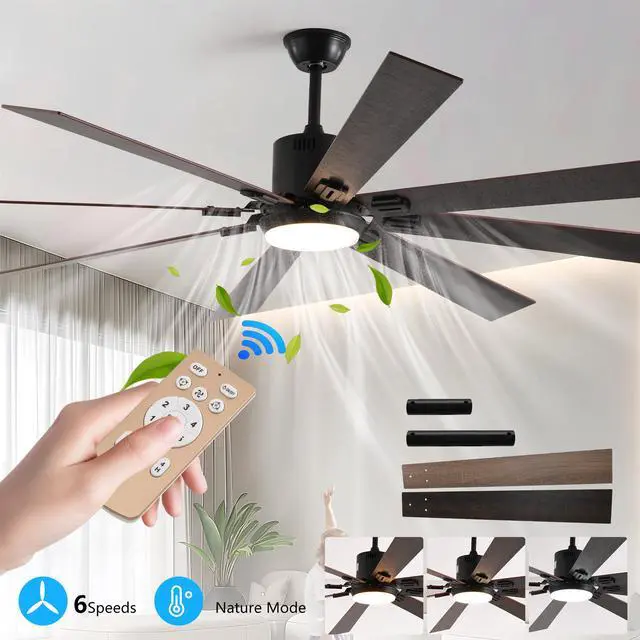 Alt view image 3 of 7 - 72" Walnut Led Ceiling Fan Light with 8 Wooden Blades, Remote Control, Adjustable Color Temperature for Living Room, Bedroom, Or Dining Room (Silent/6-Speed/Reversible/Dc Motor)