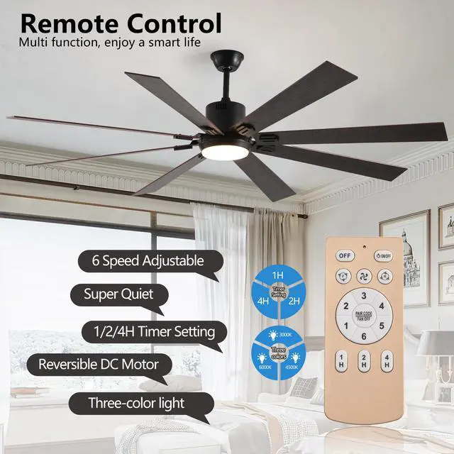 Alt view image 4 of 7 - 72" Walnut Led Ceiling Fan Light with 8 Wooden Blades, Remote Control, Adjustable Color Temperature for Living Room, Bedroom, Or Dining Room (Silent/6-Speed/Reversible/Dc Motor)