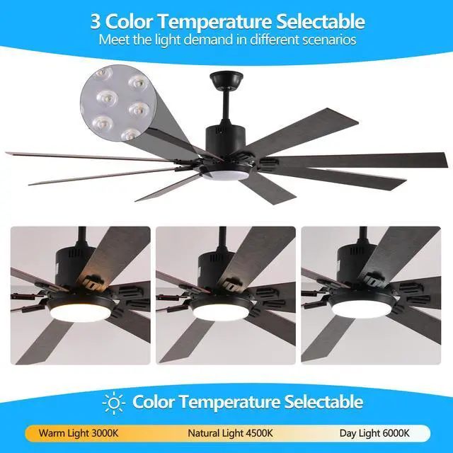 Alt view image 7 of 7 - 72" Walnut Led Ceiling Fan Light with 8 Wooden Blades, Remote Control, Adjustable Color Temperature for Living Room, Bedroom, Or Dining Room (Silent/6-Speed/Reversible/Dc Motor)