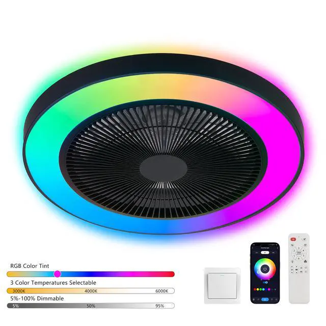 Alt view image 3 of 7 - 19-inch Black Ceiling Fan Light with Led Rgb Dimmable & Color-Changing, App & Remote Control, Modern Smart Ceiling Fan for Living Room, Bedroom, and Dining Room (Silent/6-Speed/Reversible/Dc Motor)
