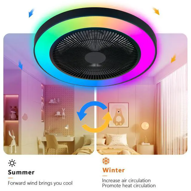 Alt view image 5 of 7 - 19-inch Black Ceiling Fan Light with Led Rgb Dimmable & Color-Changing, App & Remote Control, Modern Smart Ceiling Fan for Living Room, Bedroom, and Dining Room (Silent/6-Speed/Reversible/Dc Motor)