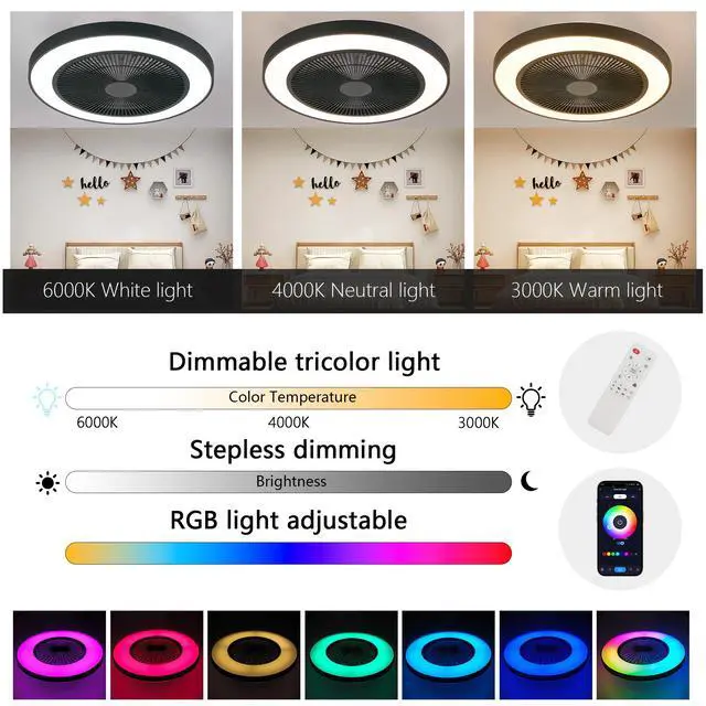Alt view image 6 of 7 - 19-inch Black Ceiling Fan Light with Led Rgb Dimmable & Color-Changing, App & Remote Control, Modern Smart Ceiling Fan for Living Room, Bedroom, and Dining Room (Silent/6-Speed/Reversible/Dc Motor)