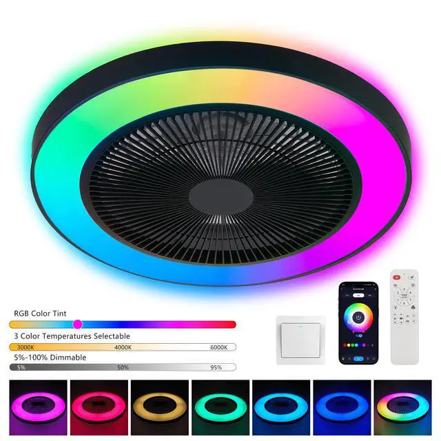 Alt view image 4 of 7 - 19-inch Black Ceiling Fan Light with Led Rgb Dimmable & Color-Changing, App & Remote Control, Modern Smart Ceiling Fan for Living Room, Bedroom, and Dining Room (Silent/6-Speed/Reversible/Dc Motor)