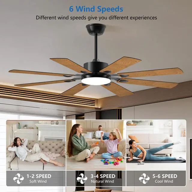 Alt view image 2 of 7 - 52 inch Ceiling Fan with Lights and Remote Control, 8 Plywood Blades, 6-Speed Noiseless Reversible Dc Motor, 3Cct, Windmill Ceiling Fan for Kitchen Bedroom Living Room, Black