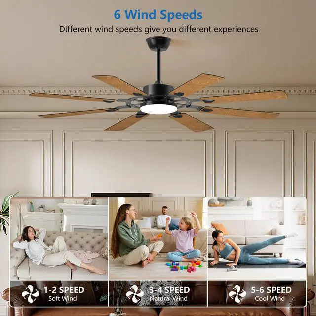Alt view image 3 of 7 - 60 inch Ceiling Fan with Lights and Remote Control, 8 Plywood Blades, 6-Speed Noiseless Reversible Dc Motor, 3Cct, Windmill Ceiling Fan for Kitchen Bedroom Living Room, Black
