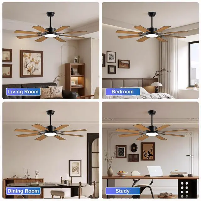 Alt view image 5 of 7 - 52 inch Ceiling Fan with Lights and Remote Control, 8 Plywood Blades, 6-Speed Noiseless Reversible Dc Motor, 3Cct, Windmill Ceiling Fan for Kitchen Bedroom Living Room, Black