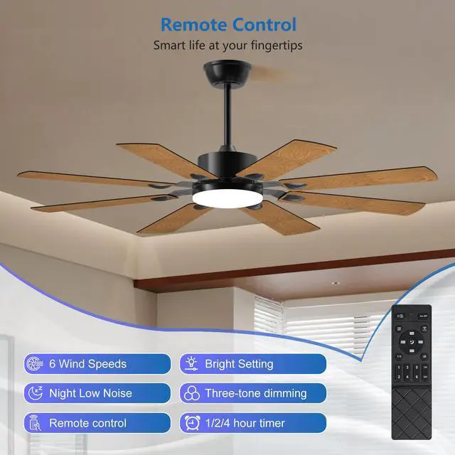 Alt view image 3 of 7 - 52 inch Ceiling Fan with Lights and Remote Control, 8 Plywood Blades, 6-Speed Noiseless Reversible Dc Motor, 3Cct, Windmill Ceiling Fan for Kitchen Bedroom Living Room, Black