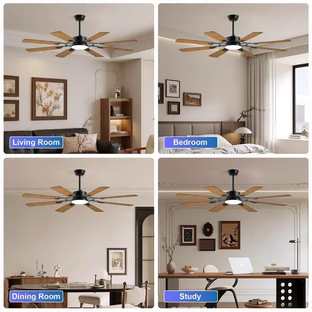 Alt view image 4 of 7 - 60 inch Ceiling Fan with Lights and Remote Control, 8 Plywood Blades, 6-Speed Noiseless Reversible Dc Motor, 3Cct, Windmill Ceiling Fan for Kitchen Bedroom Living Room, Black