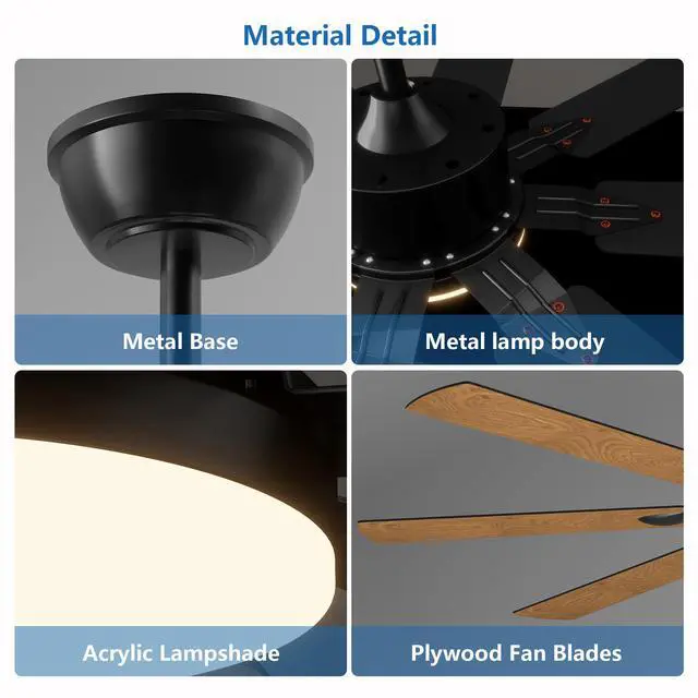 Alt view image 7 of 7 - 52 inch Ceiling Fan with Lights and Remote Control, 8 Plywood Blades, 6-Speed Noiseless Reversible Dc Motor, 3Cct, Windmill Ceiling Fan for Kitchen Bedroom Living Room, Black