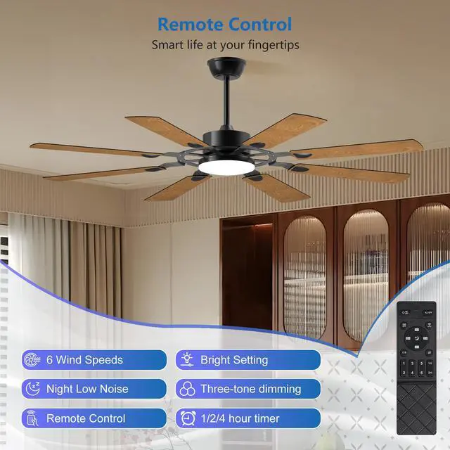 Alt view image 2 of 7 - 60 inch Ceiling Fan with Lights and Remote Control, 8 Plywood Blades, 6-Speed Noiseless Reversible Dc Motor, 3Cct, Windmill Ceiling Fan for Kitchen Bedroom Living Room, Black