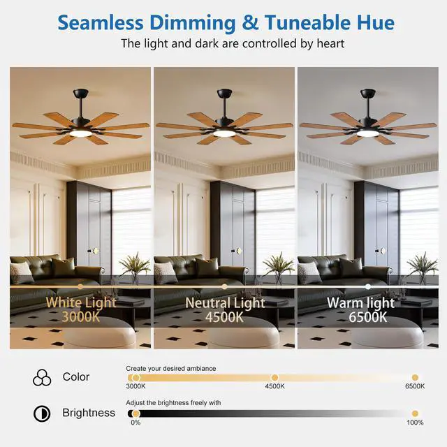 Alt view image 4 of 7 - 52 inch Ceiling Fan with Lights and Remote Control, 8 Plywood Blades, 6-Speed Noiseless Reversible Dc Motor, 3Cct, Windmill Ceiling Fan for Kitchen Bedroom Living Room, Black