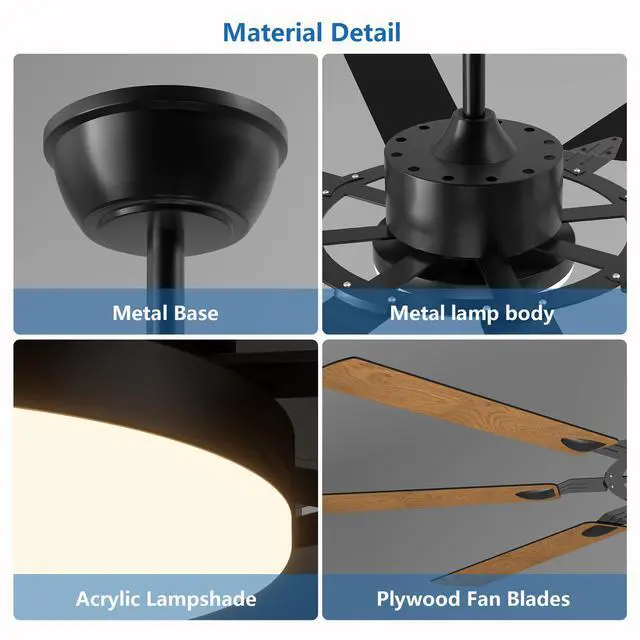 Alt view image 6 of 7 - 60 inch Ceiling Fan with Lights and Remote Control, 8 Plywood Blades, 6-Speed Noiseless Reversible Dc Motor, 3Cct, Windmill Ceiling Fan for Kitchen Bedroom Living Room, Black