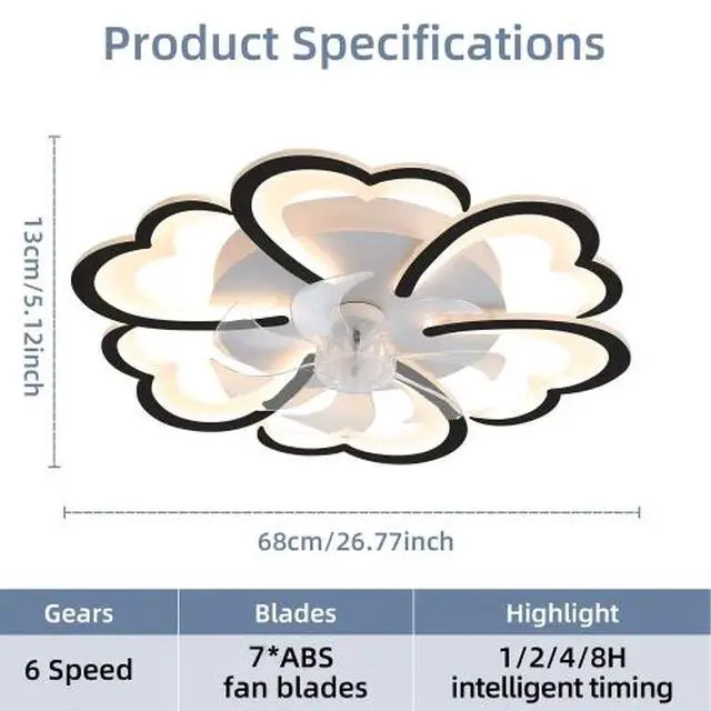 Alt view image 3 of 7 - 26.7in Black Ceiling Fan with Lights, Remote Control 3 Color Temperatures,6 Gear Wind Speed Fan Light