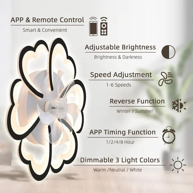 Alt view image 6 of 7 - 26.7in Black Ceiling Fan with Lights, Remote Control 3 Color Temperatures,6 Gear Wind Speed Fan Light
