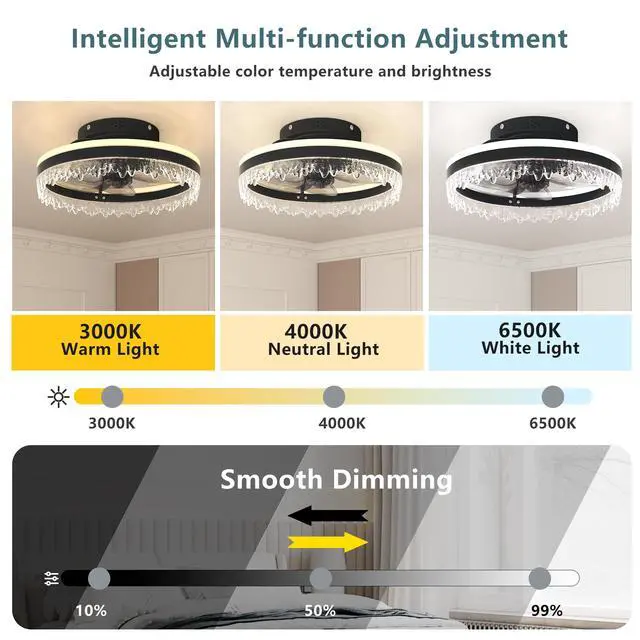 Alt view image 6 of 7 - Modern Led Ceiling Fan with Light 16'' Dimmable Ceiling Light with invisible Blades and Crystal Design, Remote Control & Adjustable Color Temperature, Quiet Fan for Bedroom, Living Room,Black