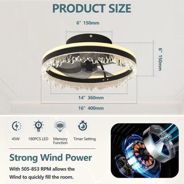 Alt view image 4 of 7 - Modern Led Ceiling Fan with Light 16'' Dimmable Ceiling Light with invisible Blades and Crystal Design, Remote Control & Adjustable Color Temperature, Quiet Fan for Bedroom, Living Room,Black