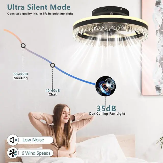 Alt view image 3 of 7 - Modern Led Ceiling Fan with Light 16'' Dimmable Ceiling Light with invisible Blades and Crystal Design, Remote Control & Adjustable Color Temperature, Quiet Fan for Bedroom, Living Room,Black