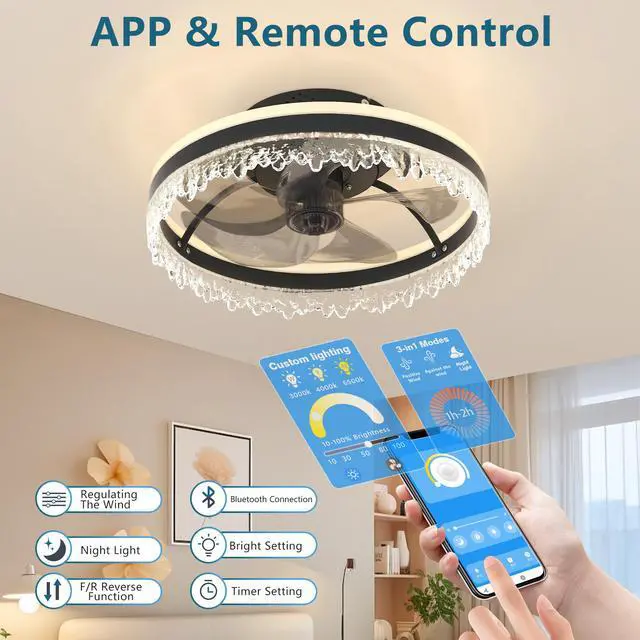 Alt view image 7 of 7 - Modern Led Ceiling Fan with Light 16'' Dimmable Ceiling Light with invisible Blades and Crystal Design, Remote Control & Adjustable Color Temperature, Quiet Fan for Bedroom, Living Room,Black