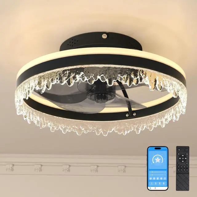 Alt view image 2 of 7 - Modern Led Ceiling Fan with Light 16'' Dimmable Ceiling Light with invisible Blades and Crystal Design, Remote Control & Adjustable Color Temperature, Quiet Fan for Bedroom, Living Room,Black