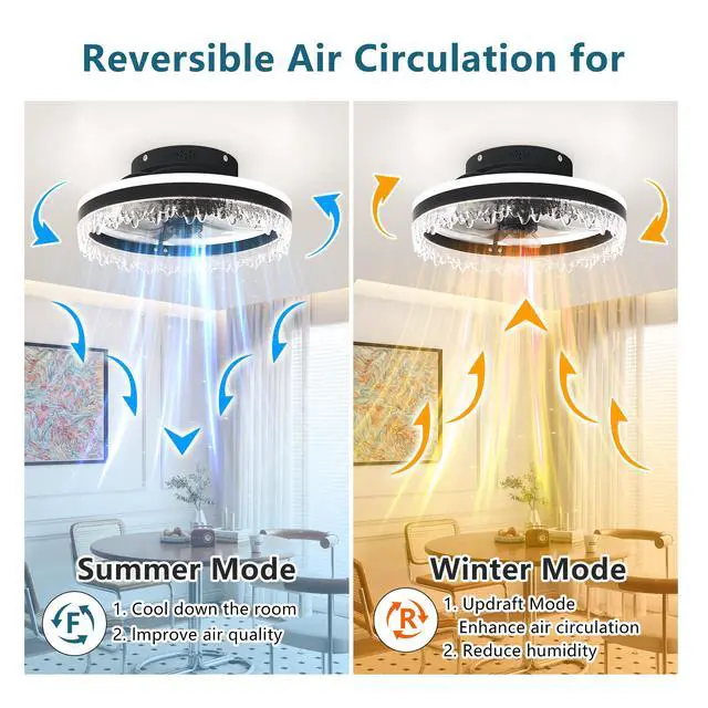 Alt view image 5 of 7 - Modern Led Ceiling Fan with Light 16'' Dimmable Ceiling Light with invisible Blades and Crystal Design, Remote Control & Adjustable Color Temperature, Quiet Fan for Bedroom, Living Room,Black