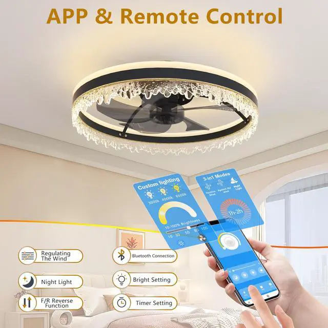 Alt view image 5 of 7 - 20-inch Black Smart Ceiling Fan Light with Silent Function, Multi-Speed Adjustment for Bedroom, Study Room, and Dining Room