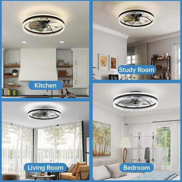 Alt view image 2 of 7 - Modern Led Ceiling Fan with Light 24'' Dimmable Ceiling Light with invisible Blades and Crystal Design, Remote Control & Adjustable Color Temperature, Quiet Fan for Bedroom, Living Room