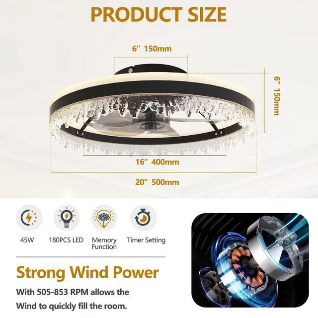 Alt view image 7 of 7 - 20-inch Black Smart Ceiling Fan Light with Silent Function, Multi-Speed Adjustment for Bedroom, Study Room, and Dining Room