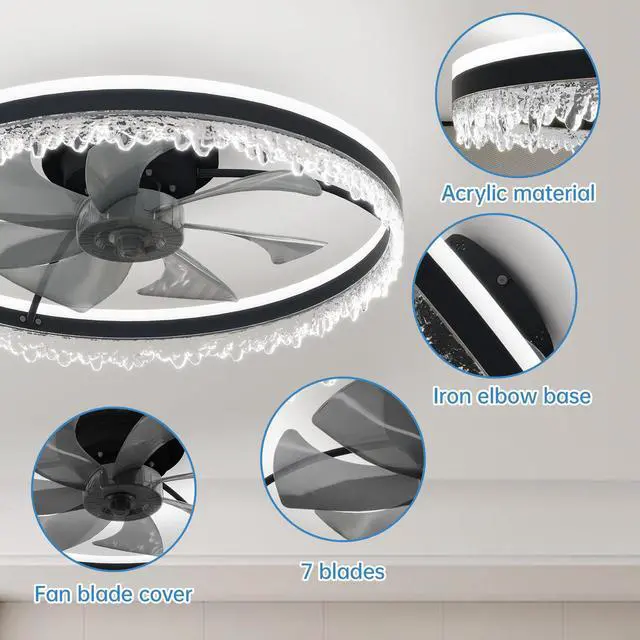 Alt view image 5 of 7 - Modern Led Ceiling Fan with Light 24'' Dimmable Ceiling Light with invisible Blades and Crystal Design, Remote Control & Adjustable Color Temperature, Quiet Fan for Bedroom, Living Room
