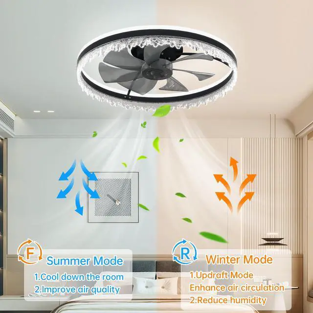 Alt view image 6 of 7 - Modern Led Ceiling Fan with Light 24'' Dimmable Ceiling Light with invisible Blades and Crystal Design, Remote Control & Adjustable Color Temperature, Quiet Fan for Bedroom, Living Room