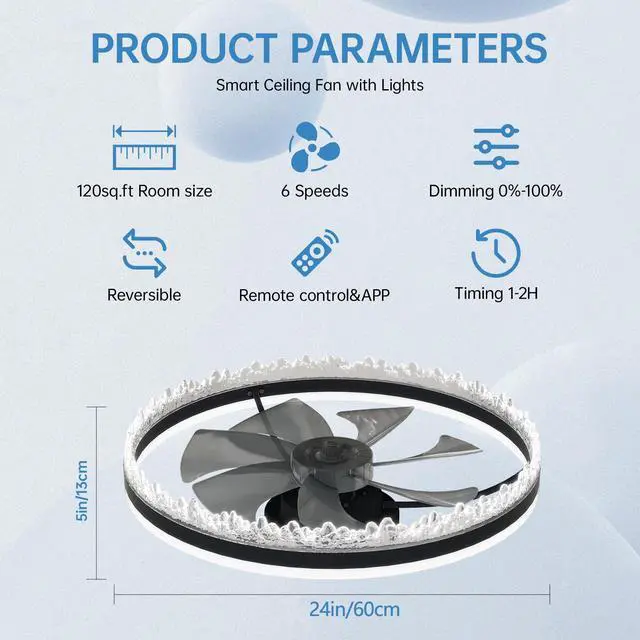 Alt view image 7 of 7 - Modern Led Ceiling Fan with Light 24'' Dimmable Ceiling Light with invisible Blades and Crystal Design, Remote Control & Adjustable Color Temperature, Quiet Fan for Bedroom, Living Room