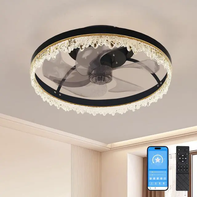 Alt view image 2 of 7 - Smart Silent Elegant Black Ceiling Fan with Light 16-inch Flush Mount Led Chandelier with 5 invisible Blades, Remote Control & Timer, Dimmable Lighting for Bedroom, Living Room, Dining Room