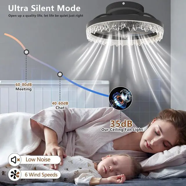 Alt view image 4 of 7 - Smart Silent Elegant Black Ceiling Fan with Light 16-inch Flush Mount Led Chandelier with 5 invisible Blades, Remote Control & Timer, Dimmable Lighting for Bedroom, Living Room, Dining Room