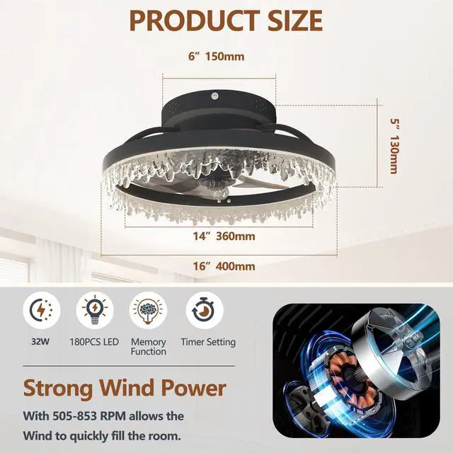 Alt view image 7 of 7 - Smart Silent Elegant Black Ceiling Fan with Light 16-inch Flush Mount Led Chandelier with 5 invisible Blades, Remote Control & Timer, Dimmable Lighting for Bedroom, Living Room, Dining Room